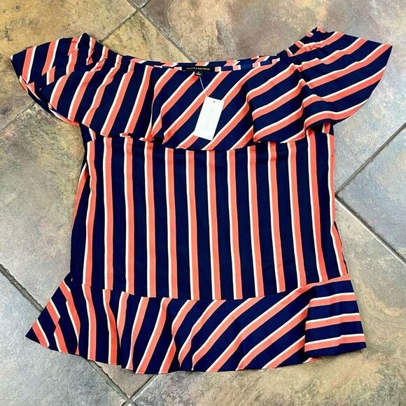 New! NWT Banana Republic Women's Off Shoulder Peplum Red Navy Striped Blouse Sma - Picture 6 of 11